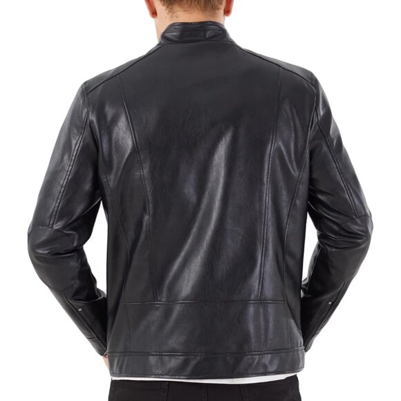 Brand New Men's Black 0072 Faux  Leather Stand Collar Biker Moto Jacket Coat - Picture 3 of 6